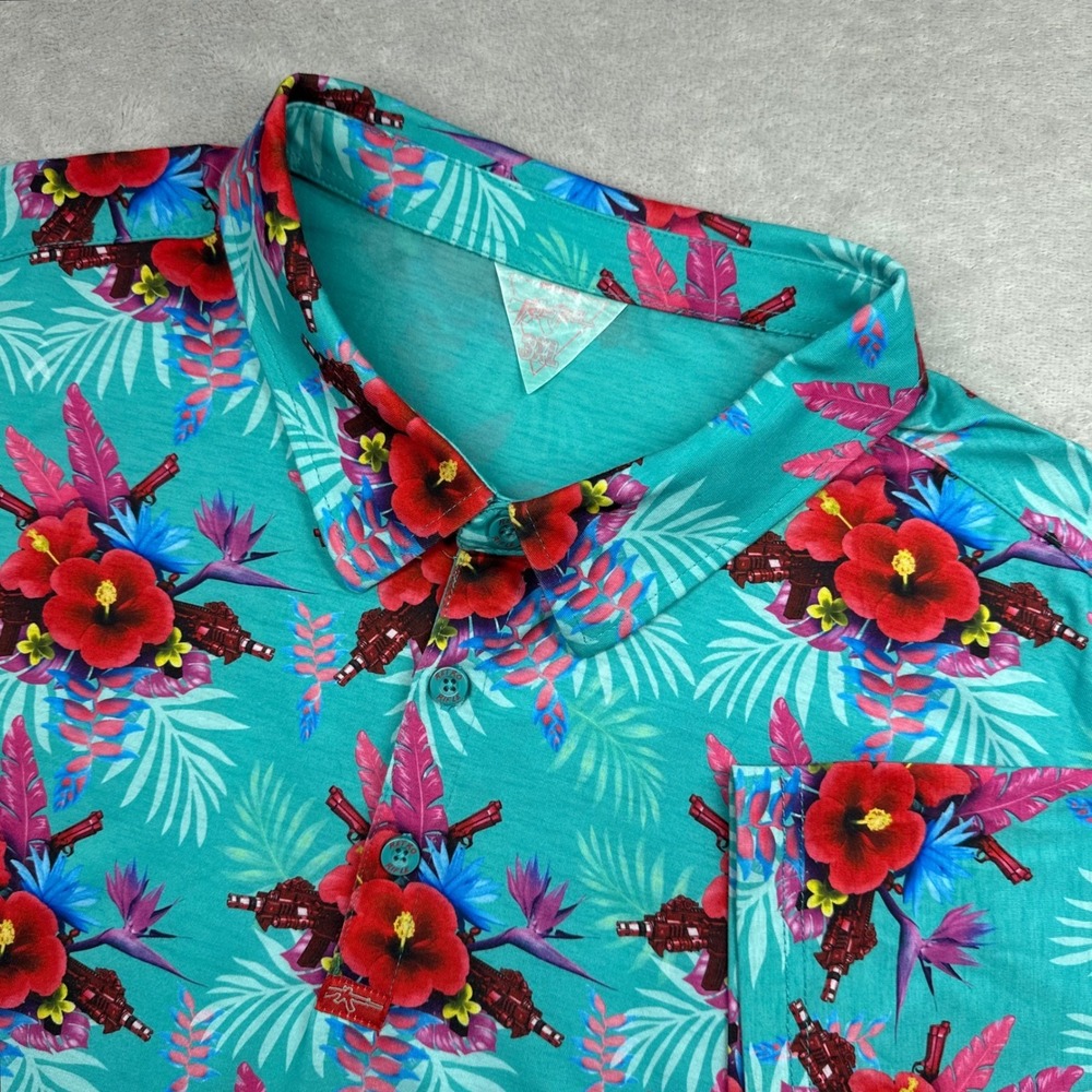 Retro Rifle Polo Shirt Mens 3XL Teal Floral Tactical Gun Print Performance Golf